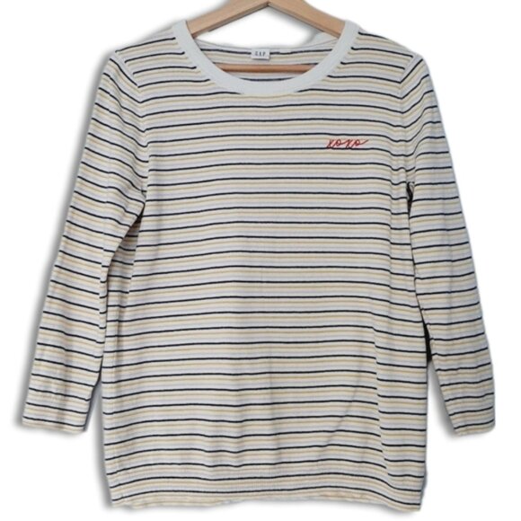 GAP 100% Cotton Fine Kit Crewneck Sweater Stripe Novelty XOXO Embroidery Sz M - Picture 1 of 16